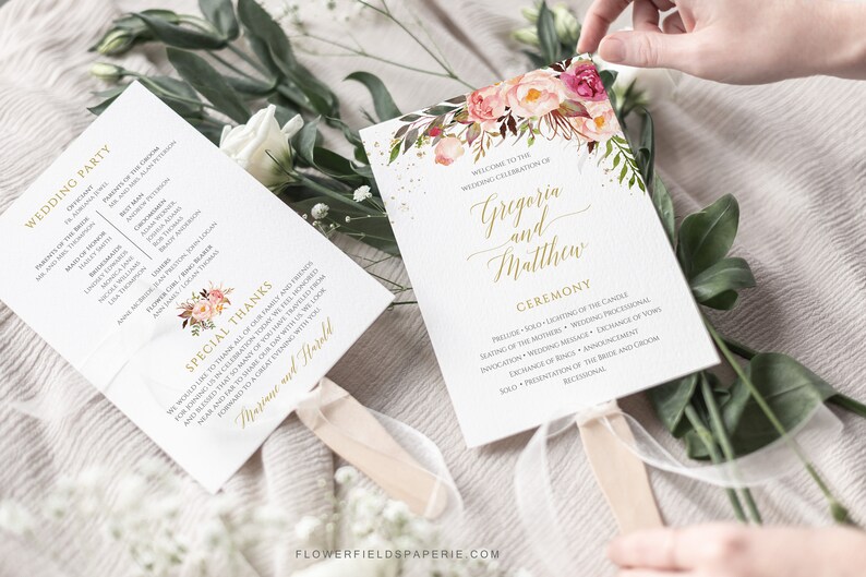 Fan Wedding Program Template Boho Blush Flower Fan Program Etsy