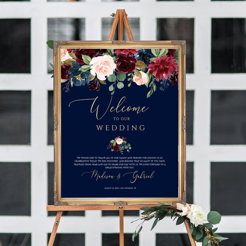 Welcome Wedding Sign Template, Navy Blue Burgundy and Gold Welcome Wedding Printable, Royal blue Welcome Wedding Editable Sign 019-114 image 1