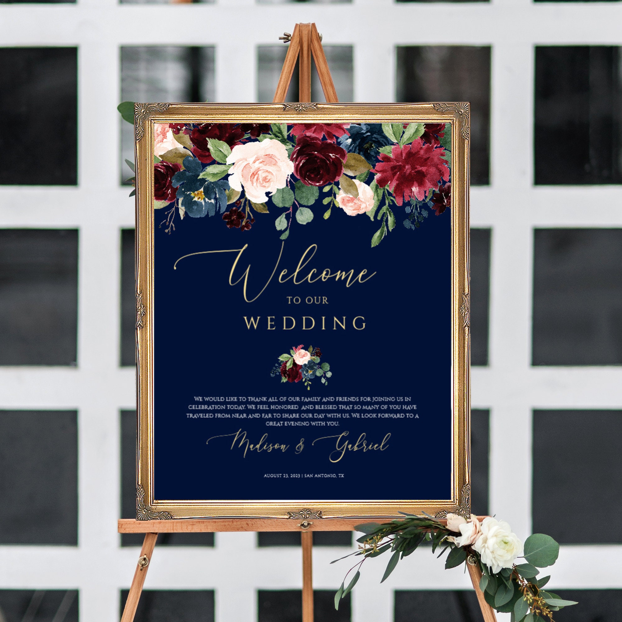  Burgundy and Navy Wedding Welcome Sign Printable, Editable  Wedding Sign Burgundy and Navy Blush Flowers Decor, Rustic Welcome Wedding  Sign Stand, Personalized Welcome Sign for Wedding, Wedding Decor, Plastic  Sign