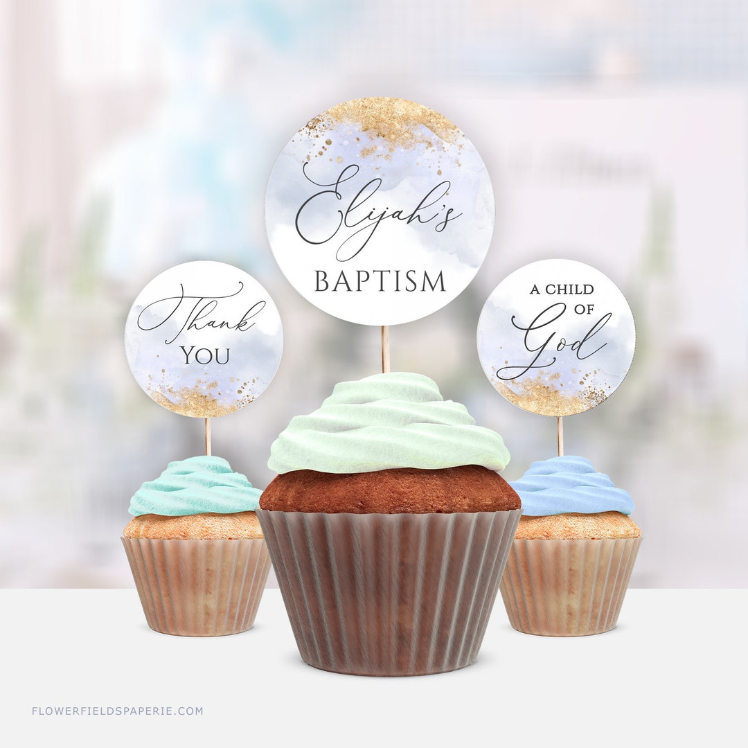 Baptism Cupcake Toppers Template, Boy Christening Cupcake Topper, Dusty ...