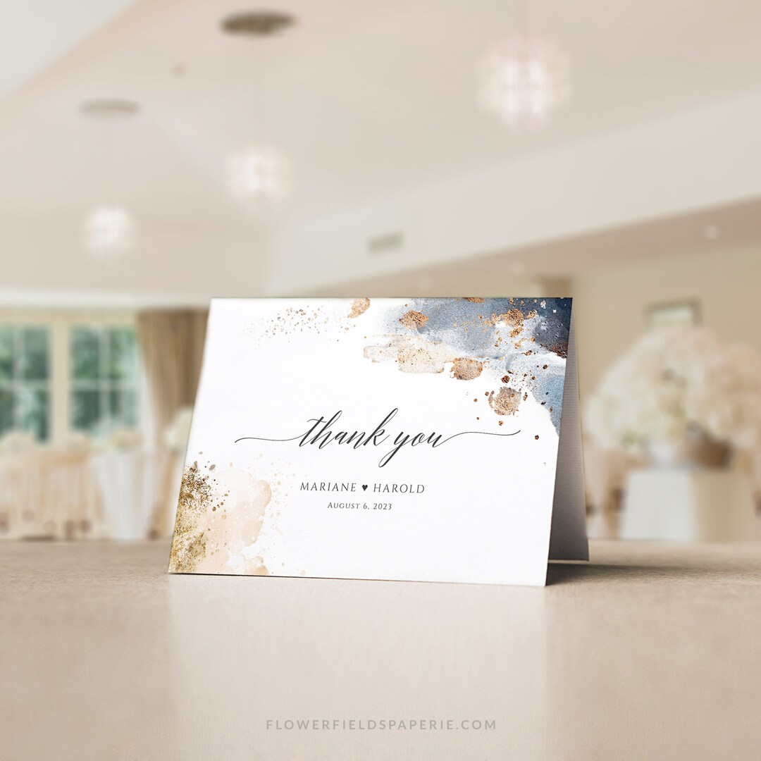 Thank You Card Template, Folded Wedding Card, Navy and Blush Invitation ...
