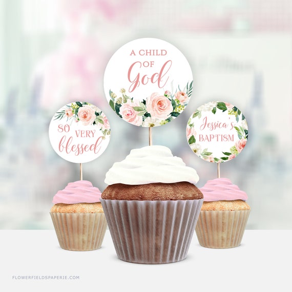 Baptism Cupcake Toppers Girl Template Pink Floral Cup cake Etsy