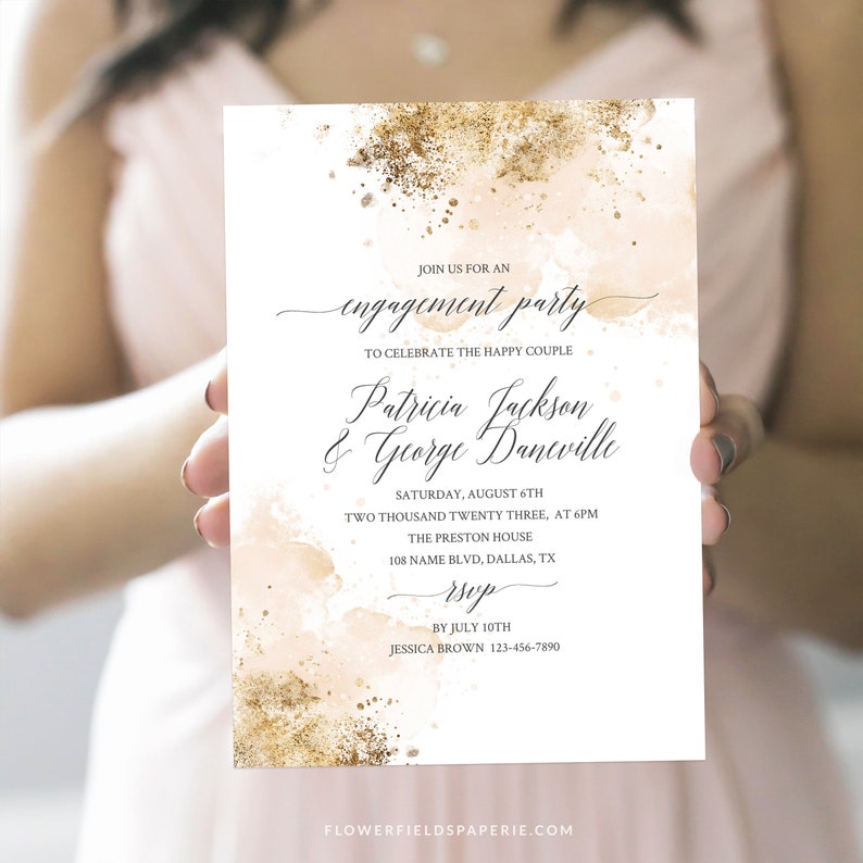 Engagement Party Invitation, Luxury Engagement Party Invite, Classy Engagement Template, Blush and Gold Glitter DIY Invite 022-116 image 4