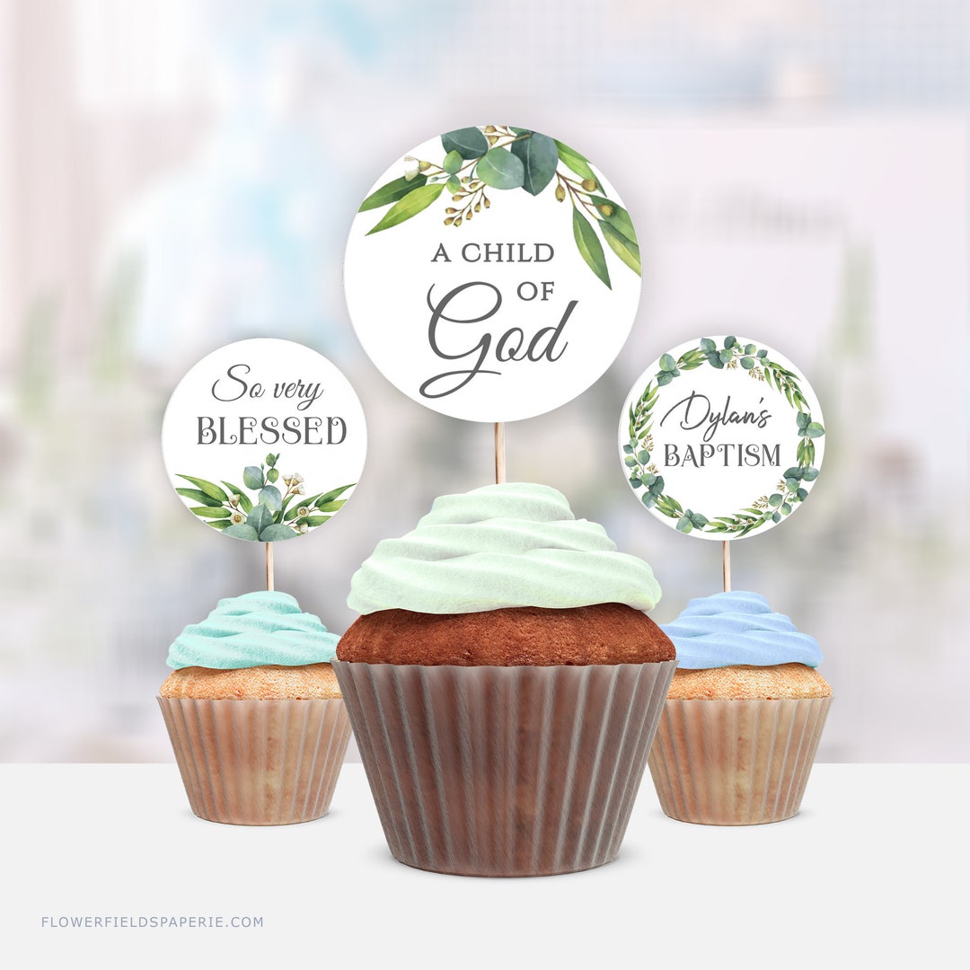 Rustic Baptism Cupcake Toppers Template, Greenery Cupcake Topper ...