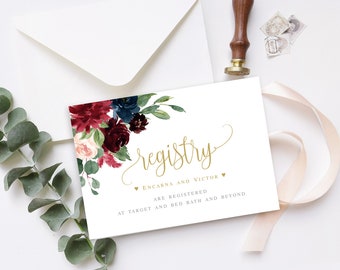 Registry Card Template, Navy Marsala and Blush Classy Wedding Registry Insert, Luxury Enclosure Card, Boho Floral Editable Template #020-125