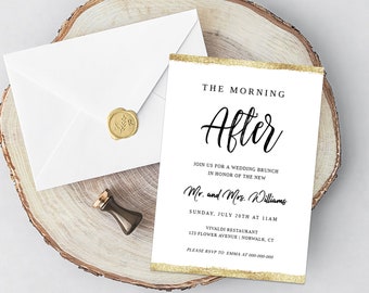 Wedding Gold Brunch Invitation Template, Calligraphy The Morning After Editable Invitation, Printable Post Wedding Brunch Invite, #013-128