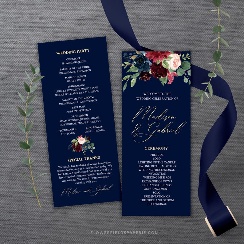 Wedding Program Template Navy Blue Burgundy and Gold Wedding - Etsy