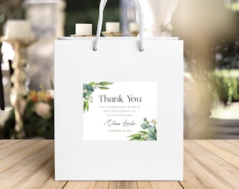 Baptism Gift Bag Stickers Template, Wedding Bag Gift Box Label , Rustic Greenery baptism Boy Stickers, Editable Instant Download, #028-104