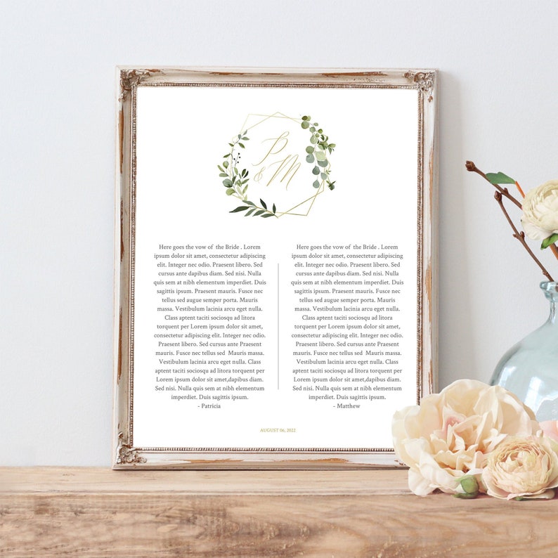 Vows Keepsake Wall Art, 1st Year Wedding Anniversary Gift, Boho Greenery Wedding Monogram Vows Printable, Editable Custom Template 017-118 image 1