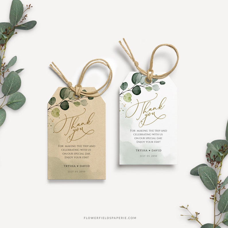 Rustic Favor Tag Template, Greenery Wedding Gift Tag, Thank You Tag editable template, Eucaliptus Wedding Tag, Foliage favor tag 035-104 image 1