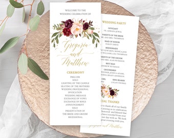 Wedding Program Template, Marsala and Peach Wedding Program card, DIY Order of Service Template, Burgundy and Blush Ceremony Card #024-120