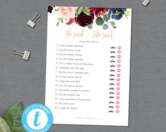 Bridal Shower Games Printable, He Said She Said, Hen Party, Instant Download, Fun Bridal Game, Navy and Burgundy Editable Template #020