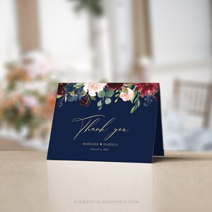 Modèle de carte de remerciement, carte de mariage pliée, carte d'invitation bleu marine bordeaux et or, carte de remerciement bricolage imprimable florale #019-108