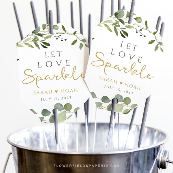 Let Love Sparkle, Boho Greenery Wedding Sparkler Send Off, Editable Sparkler tags, Custom, Custom Sparkler Tag Template #017-132