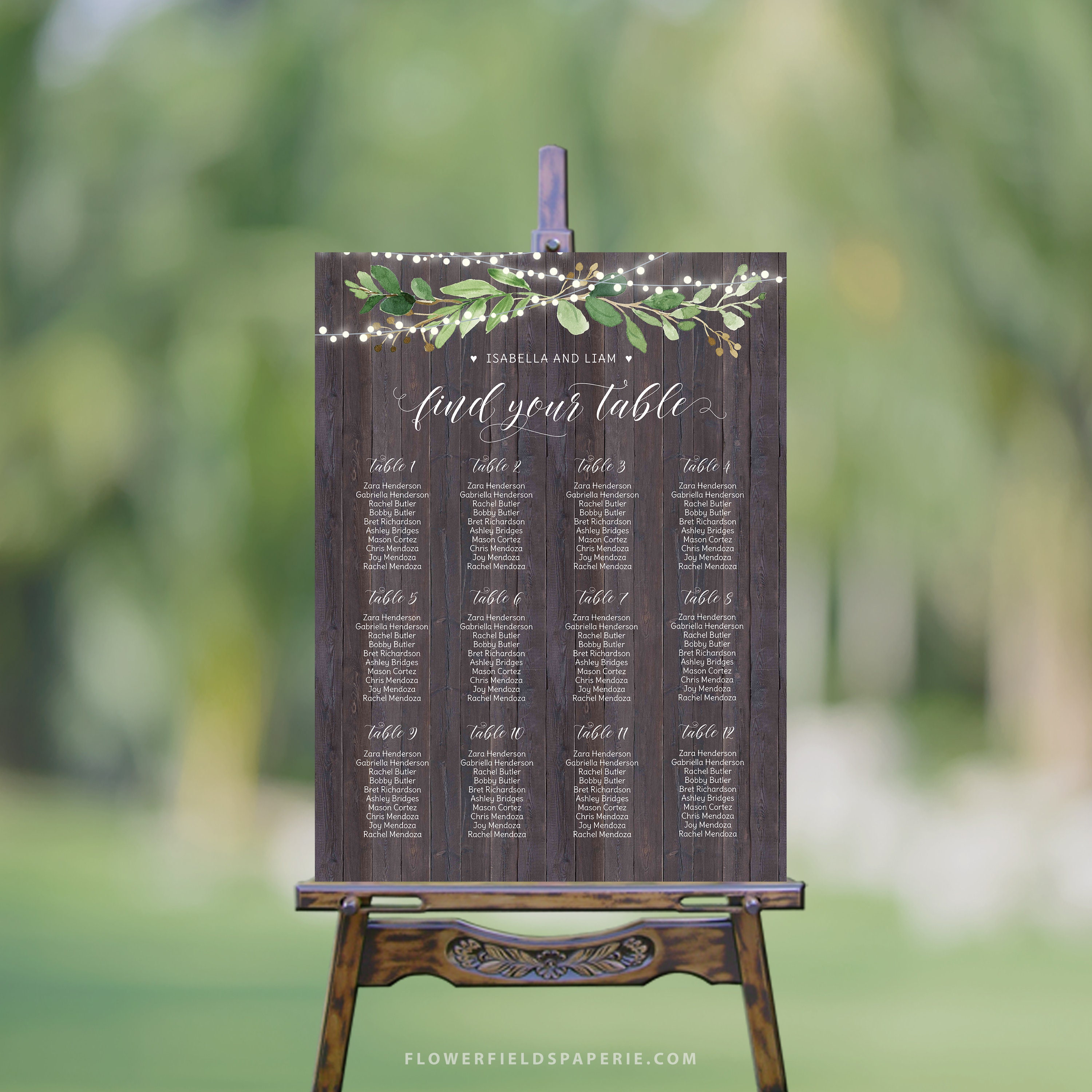 Rustic Seating Chart Template, Greenery Wedding Large