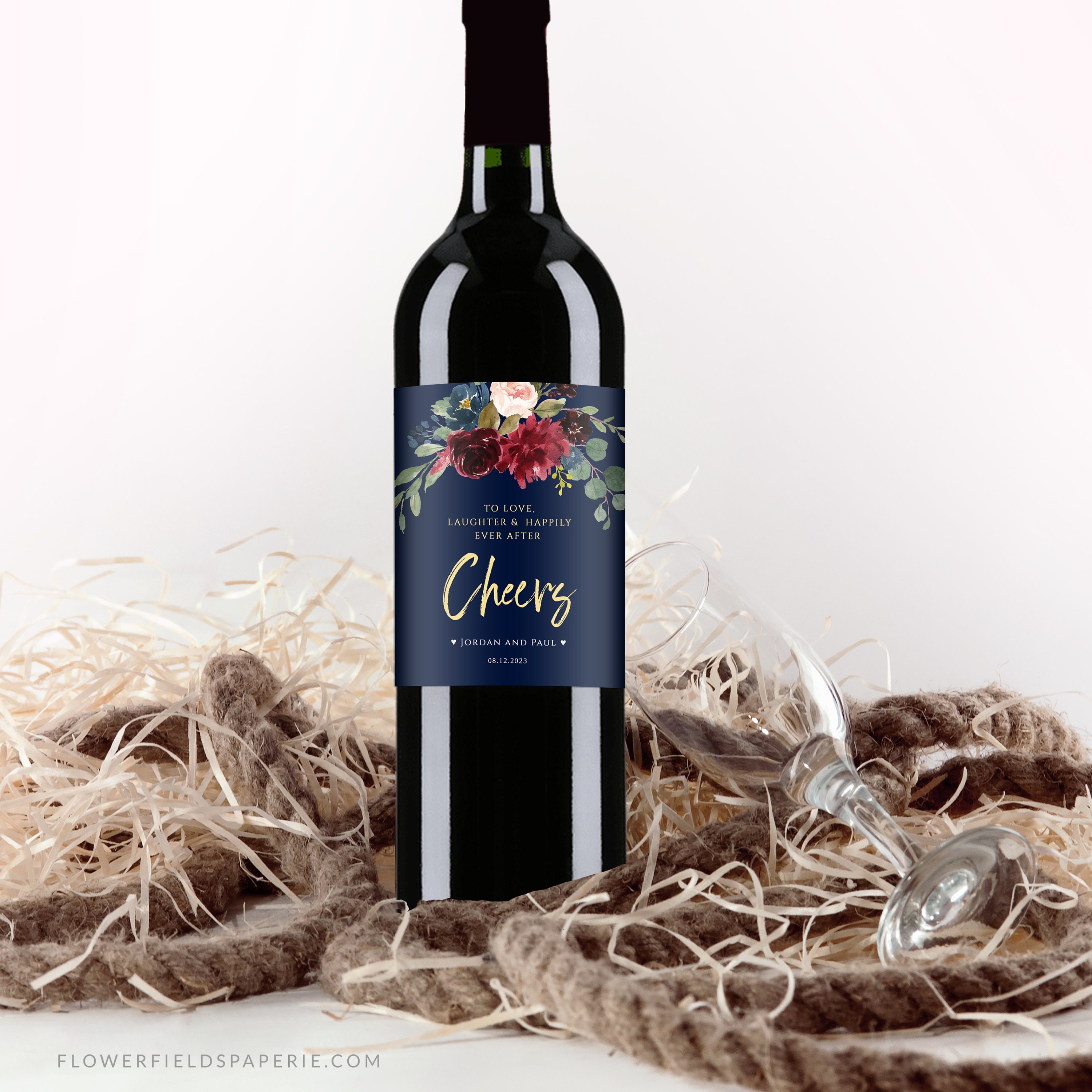 Wine Label Template, Navy Blue Burgundy and Gold Wedding Wine Labels, Personalized Wine Labels ...