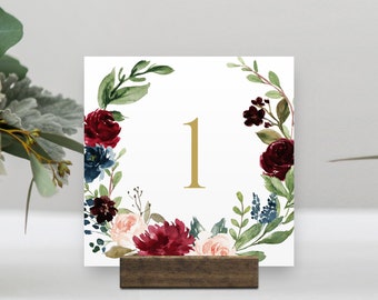 Table Number Card Template, Marsala and Blush Wedding Table Number, Burgundy Boho Table Number, Floral DIY Table Number printable #020-109