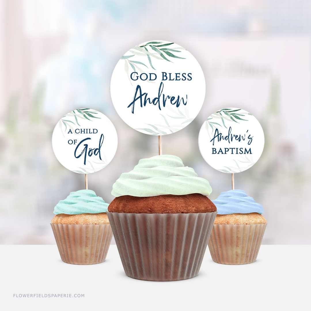 Baptism Cupcake Toppers Template, Greenery Cupcake Topper, Christening ...