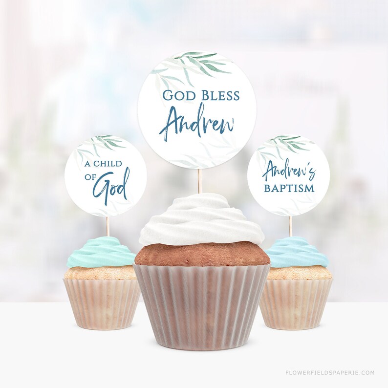 Baptism Cupcake Toppers Template Greenery Cupcake Topper - Etsy