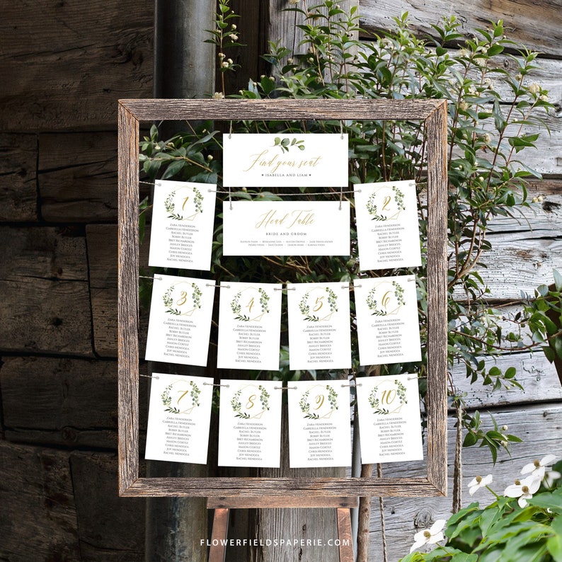 Greenery Seating plan cards Boho wedding hanging cards Printable wedding #017-106 Rustic Greenery Wedding hanging seating chart template