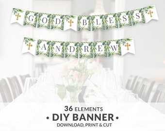 Printable Baptism Banner Boy, First Holy Communion Banner, Greenery DIY banner, 1st Communion, DIY Baptism Party Decor, DOWNLOAD #028-101