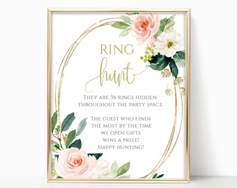 Bridal Shower Games Printable, Ring Hunt Game Sign, Fun Hen Party, Instant Download, Boho Blush Flowers, Bachelorette Party Games #029