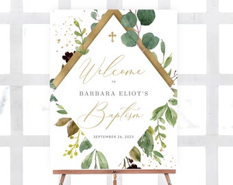 Baptism Welcome Sign Boy Template, Christening Welcome Sign, Editable Baptism Sign Girl, Greenery Gold Printable, Bautizo Bienvenidos #BW5