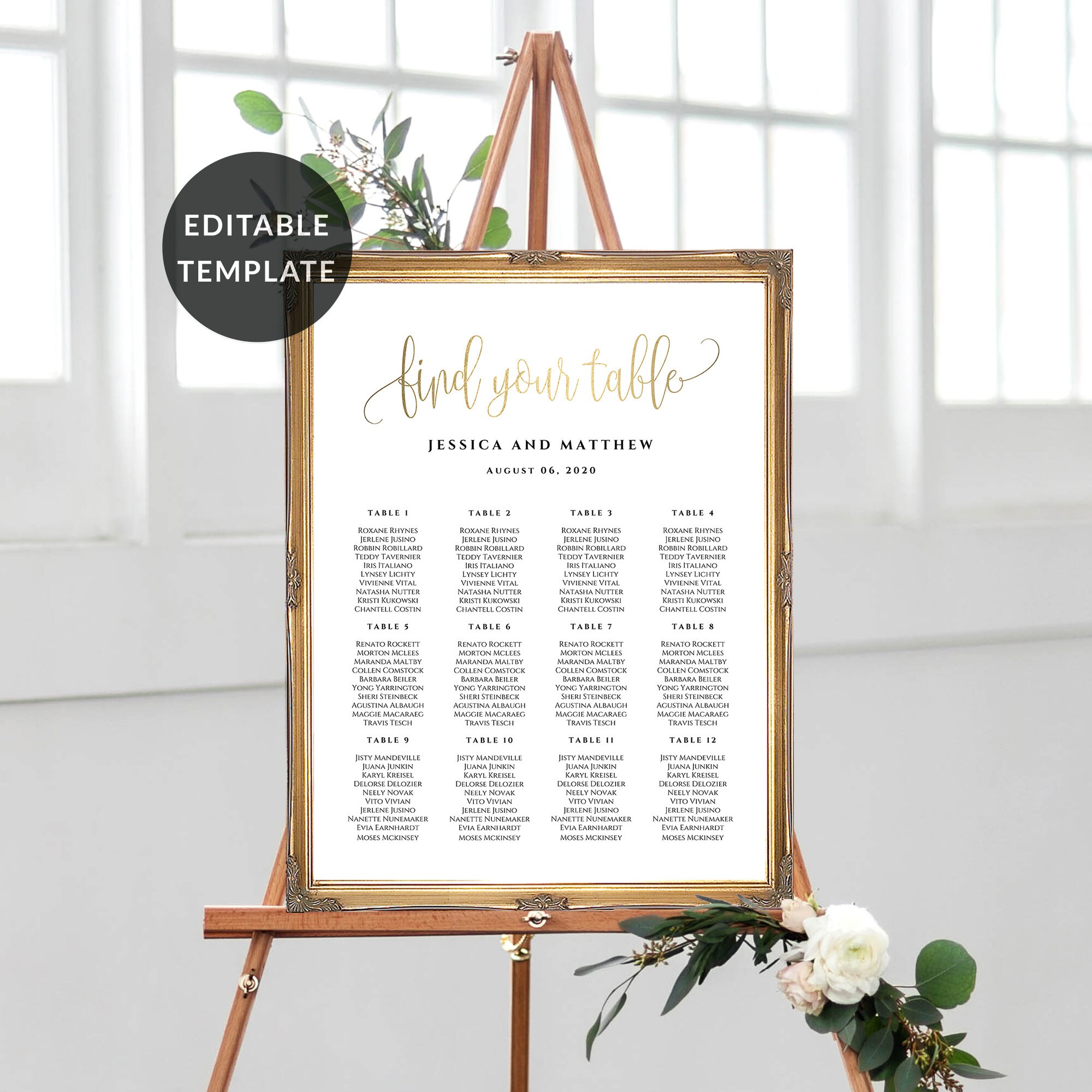 Large wedding seating chart Elegant faux gold editable | Etsy