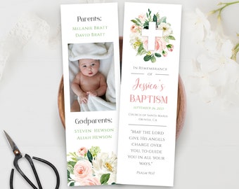 Baptism Bookmark Girl Printable, Baptism Remembrance, Baptism Favors, Editable Bookmark Keepsake, Printable Floral Bookmark Download 029-106