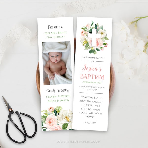 Baptism Bookmark Girl Printable, Baptism Remembrance, Baptism Favors, Editable Bookmark Keepsake, Printable Floral Bookmark Download 029-106