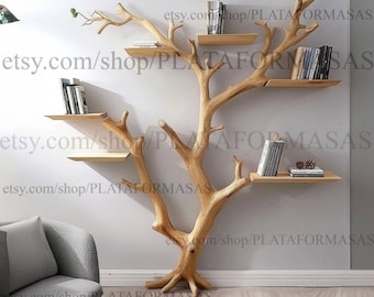 Tree bookshelf decor wall mount floating book shelf solid wood bookcase unique housewarming gift