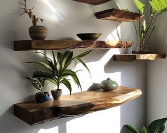 Floating wall shelf live edge walnut floating shelf wooden bookshelf floating corner shelf home decor