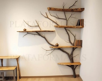 Corner tree branch shelf wall mount solid wood tree bookshelf decor driftwood floating live edge shelving home art