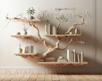 Tree Branch Floating Bookshelf Decor Live Edge Wall Mount Corner Shelf ...