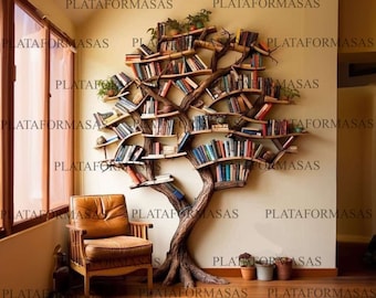 Decorazione per libreria con ramo di albero, scultura in legno massello, libreria galleggiante, montaggio a parete, mensole in legno galleggiante su arte della parete