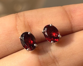 Genuine Garnet Stud Earrings, 925 Sterling Silver, Garnet Earrings, Red Garnet Stud Earring, January Birthstones, Anniversary Gifts For Her