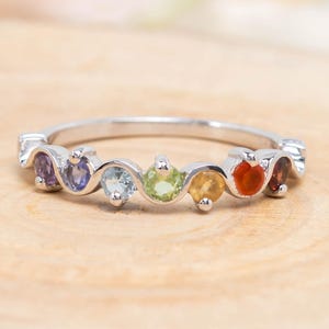 Chakra Ring, Multistone Rainbow Ring, Natural Seven Gemstone Chakra Healing Ring, Yoga Jewelry, Sterling Silver Jewellery, Spiritual Ring