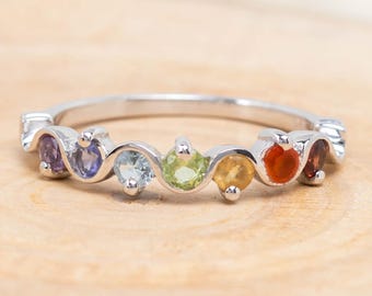 Chakra Ring, Multistone Rainbow Ring, Natural Seven Gemstone Chakra Healing Ring, Yoga Jewelry, Sterling Silver Jewellery, Spiritual Ring