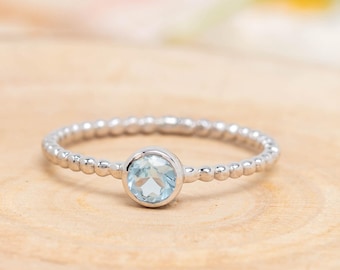 Blue Topaz Ring, Natural Blue Gemstone, December Birthstone, 925 Sterling Silver, Minimal Round Shaped Ring, Handmade Jewelry, Gift For Her