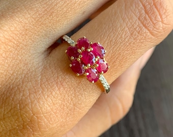 Natural Ruby Ring, Solid 14k Gold Ruby Ring, Flower Ruby Diamond Ring, Red Ruby Engagement Ring, Anniversary Promise Ring, Gifts For Her