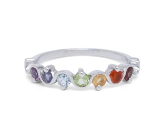 Chakra Ring, Multistone Rainbow Ring, Natural Seven Gemstone Chakra Healing Ring, Yoga Jewelry, Sterling Silver Jewellery, Spiritual Ring