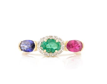 Emerald Ruby Sapphire Ring, 14k Oval Cut Gold Ring, Multicolor Gemstone Ring,  Gift For Her, Halloween Gifts
