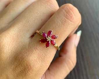 Natural Ruby Ring, Solid 14k Gold Ruby Ring, Flower Ruby Diamond Ring, Red Ruby Engagement Ring, Anniversary Promise Ring, Gifts For Her