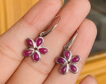 Natural Star Ruby Earrings, Flower Dangle Earrings, 925 Sterling Silver, Star Ruby Gemstone Earrings, Handmade Boho Earrings, Gifts For Her