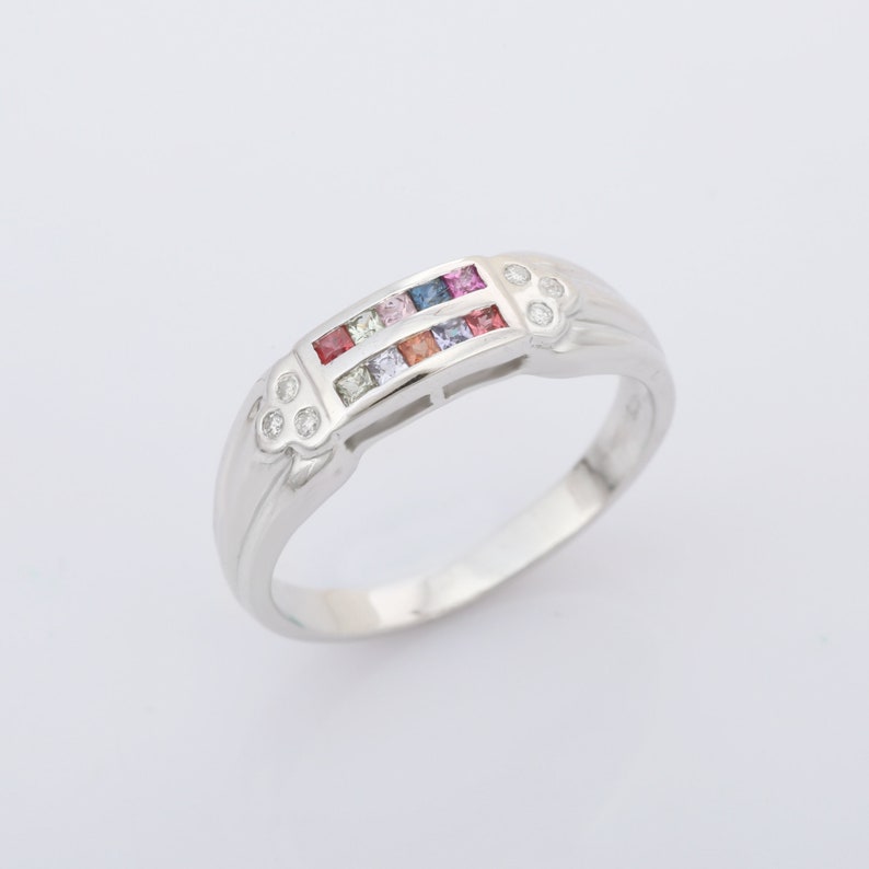 Stackable Ring Channel Setting Promise Ring Gift For Her 925 Sterling Silver Multi Sapphire Diamond Ring Christmas Gift