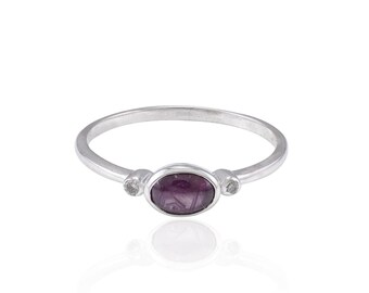 Anel de rubi estrela natural, anel de prata esterlina, anel de rubi estrela com diamante, anel de declaração, anel empilhável, anel de rubi estrela, presentes para ela