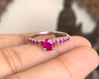 Ruby Half Eternity Ring, 925 Sterling Silver, Ruby Engagement Ring, Ruby Promise Ring, Solitaire Ruby Ring, Ruby Stackable Ring Gift For Her