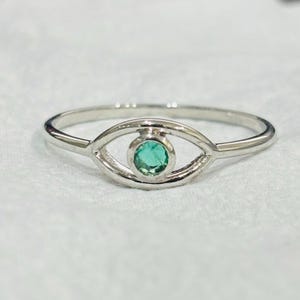 Solid 18k Gold Emerald Evil Eye Ring, Dainty Stackable Eye Ring, Minimalist Evil Eye Ring, Protection Ring, Good Luck Ring, Gift For Her