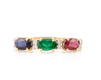 18K Solid Gold Ring, Emerald Ruby Sapphire Ring, Oval Cut Multi Gemstone Ring, Handmade Jewelry, Birthday Gift, Halloween Gifts