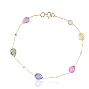 May include: A gold chain bracelet featuring teardrop-shaped gemstones in a variety of colours, including pink, blue, green, yellow, and white.